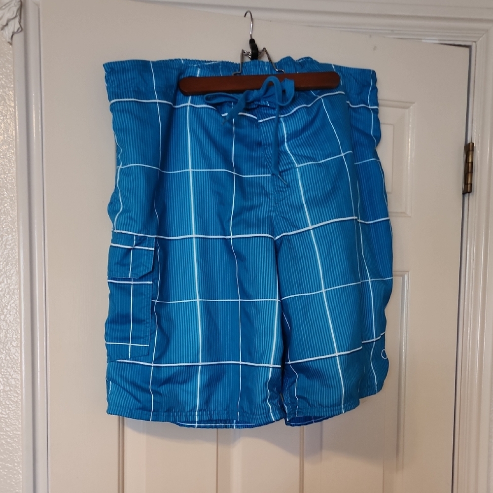 OP Blue Plaid Men Swim Board Shorts